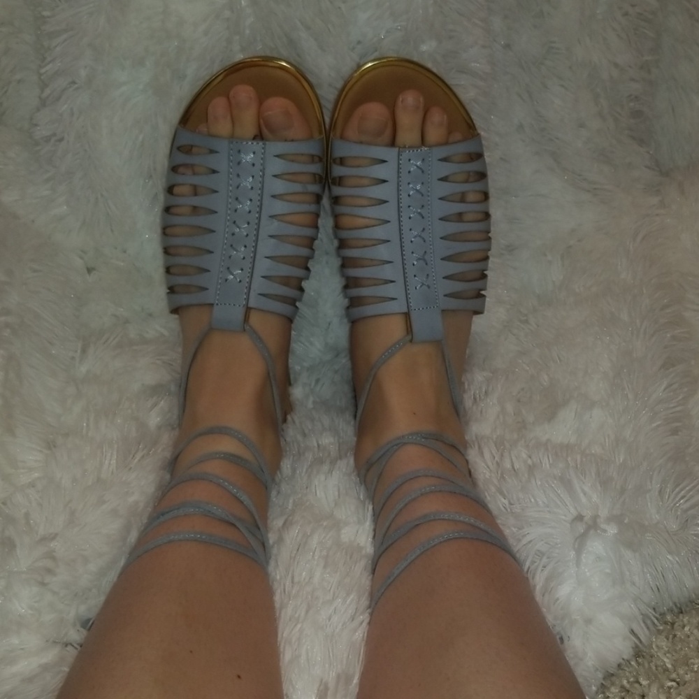 Grey/blue gladiator sandals.